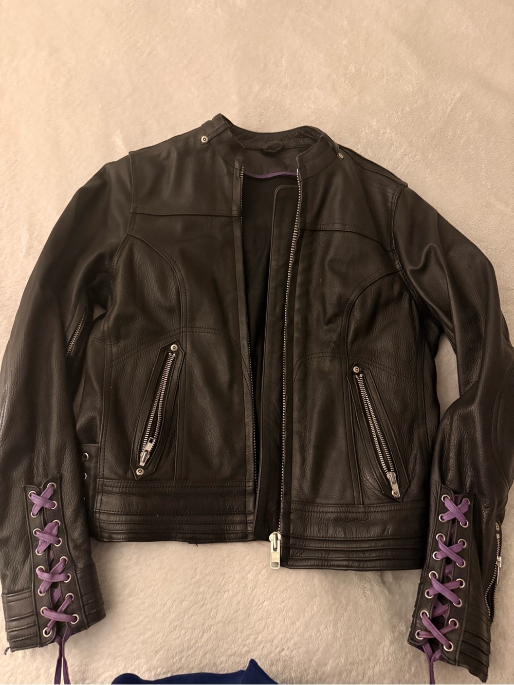 Women's Black Leather Jacket with Purple Lace-Up Cuff Detail